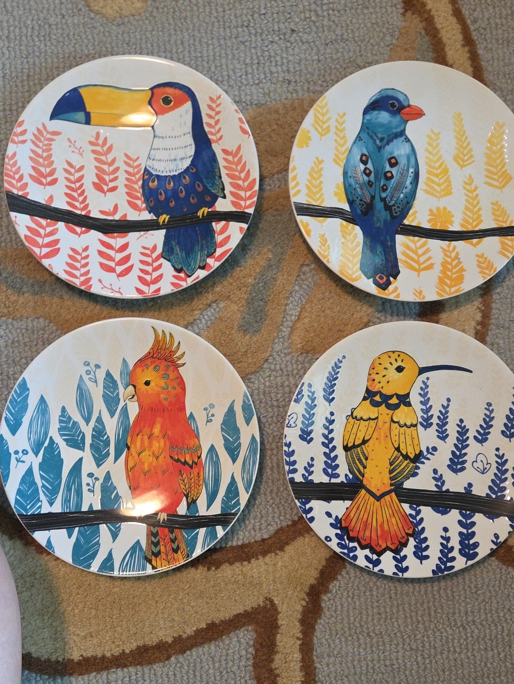 Pier 1 Colorful Illustrated Bird 9 Inch Plates - Blue, Yellow, Orange, Red